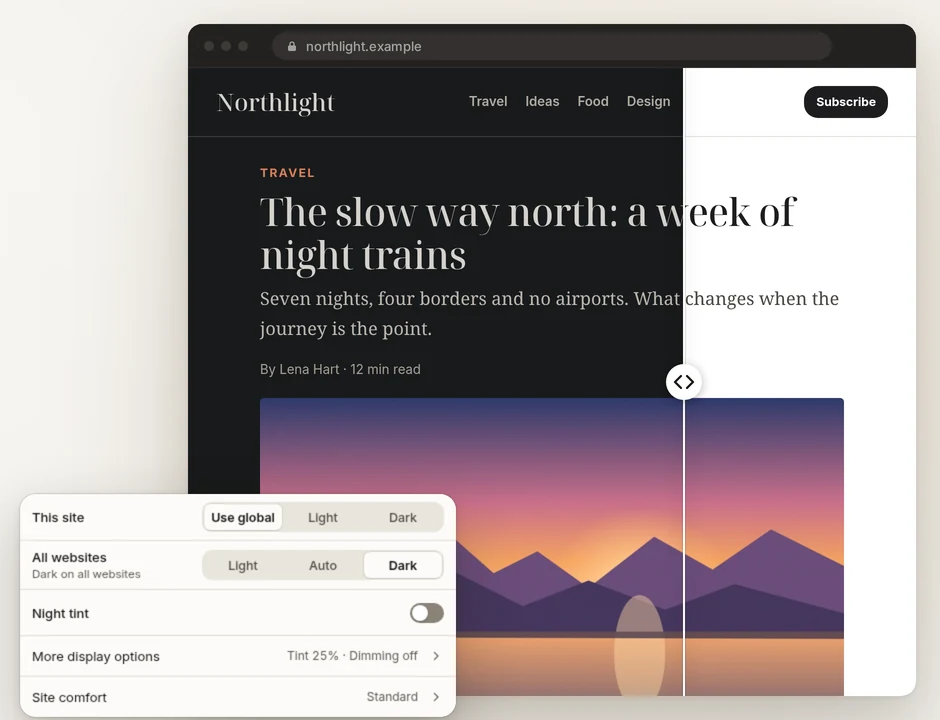 The SuperchargeFocus display panel set to Dark on all websites, beside an article page shown half in its own dark theme and half in its original light theme.