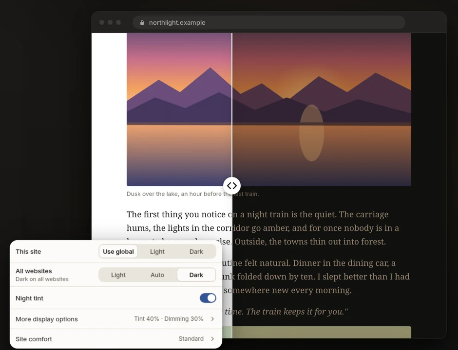 The SuperchargeFocus display panel with Night tint on at 40% and dimming at 30%, beside a dark article page with a warm tint on one half.