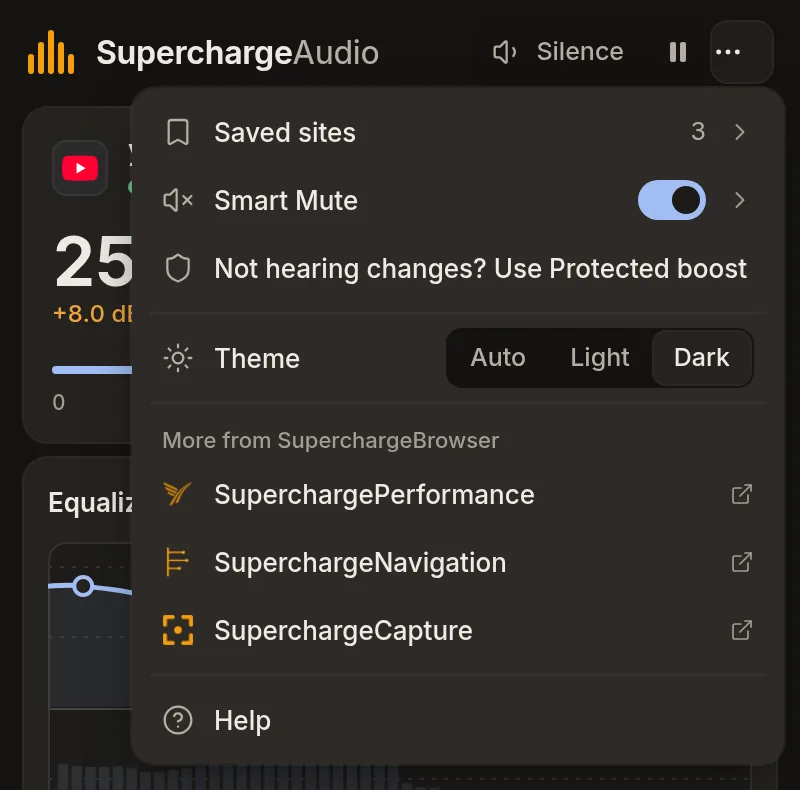 深色的 SuperchargeAudio 弹窗，已打开“更多”菜单，显示已保存网站、标签页静音开关、受保护增强、主题选择和浏览器图标。