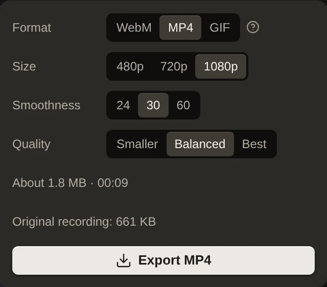 Das Export-Menü für Videos mit Optionen für Format, Größe, Bildflüssigkeit und Qualität sowie einer Schätzung von Größe und Länge vor dem Export.