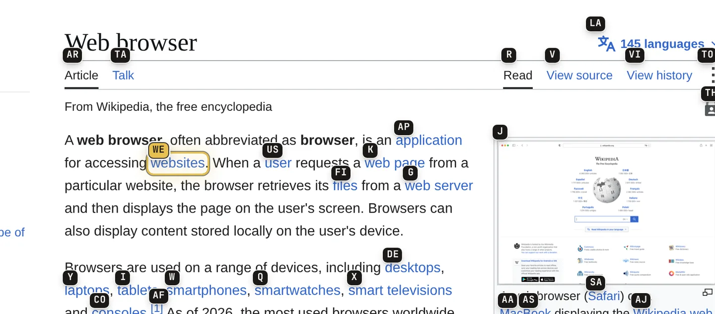 Hinweismodus im Wikipedia-Artikel „Web browser“ mit Buchstabenstempeln auf den Links und hervorgehobenen Websites.