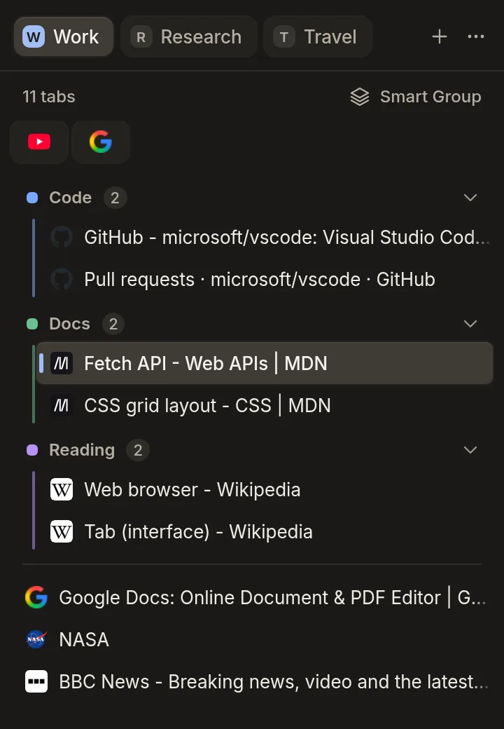 SuperchargeNavigation-Seitenleiste mit den Kacheln Work, Research und Travel, einer Plus-Schaltfläche, einem Mehr-Menü und nach Code, Docs und Reading gruppierten Tabs.