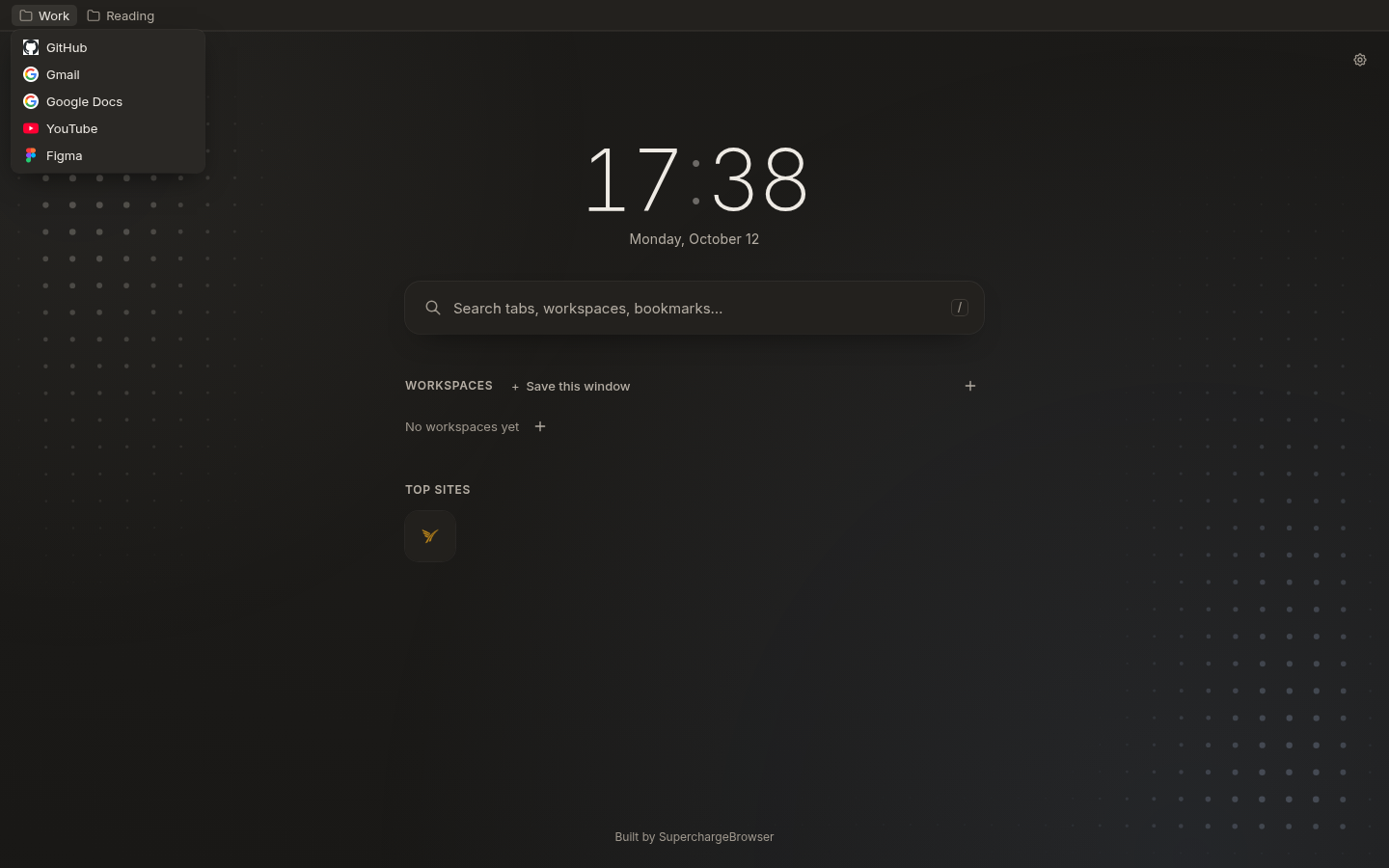 ダークテーマの Nav 新しいタブページ。ブックマークバーのフォルダメニューが開いている様子。