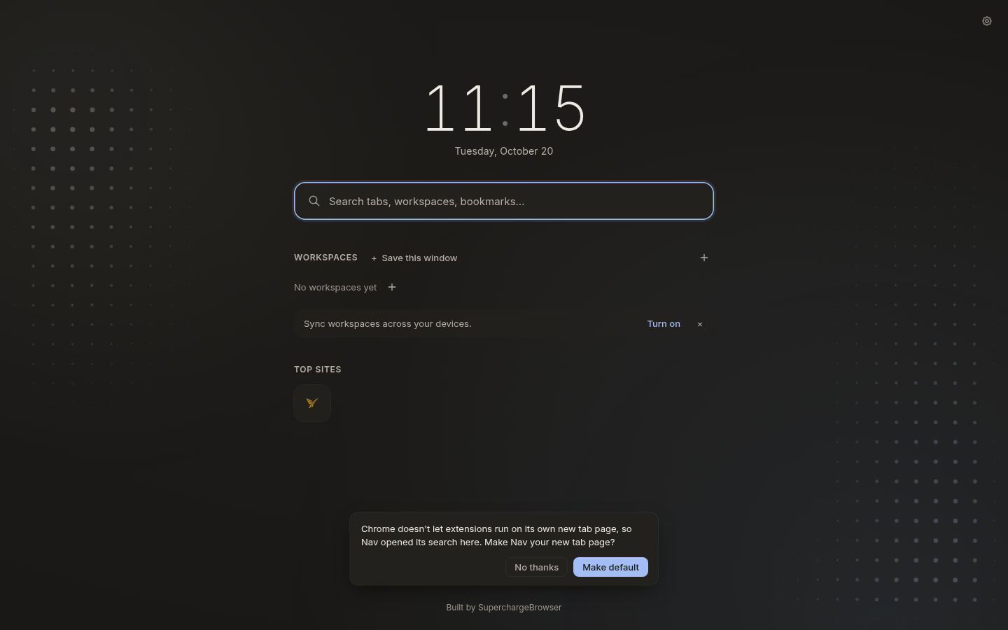 Busca do Nav na página de nova aba, com um aviso oferecendo tornar o Nav a página de nova aba padrão.