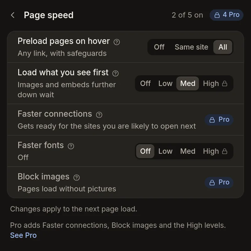 Bereich „Seitentempo“ im SuperchargePerformance-Popup mit Funktionen wie Seiten vorladen, schnellere Verbindungen und Bilder blockieren.