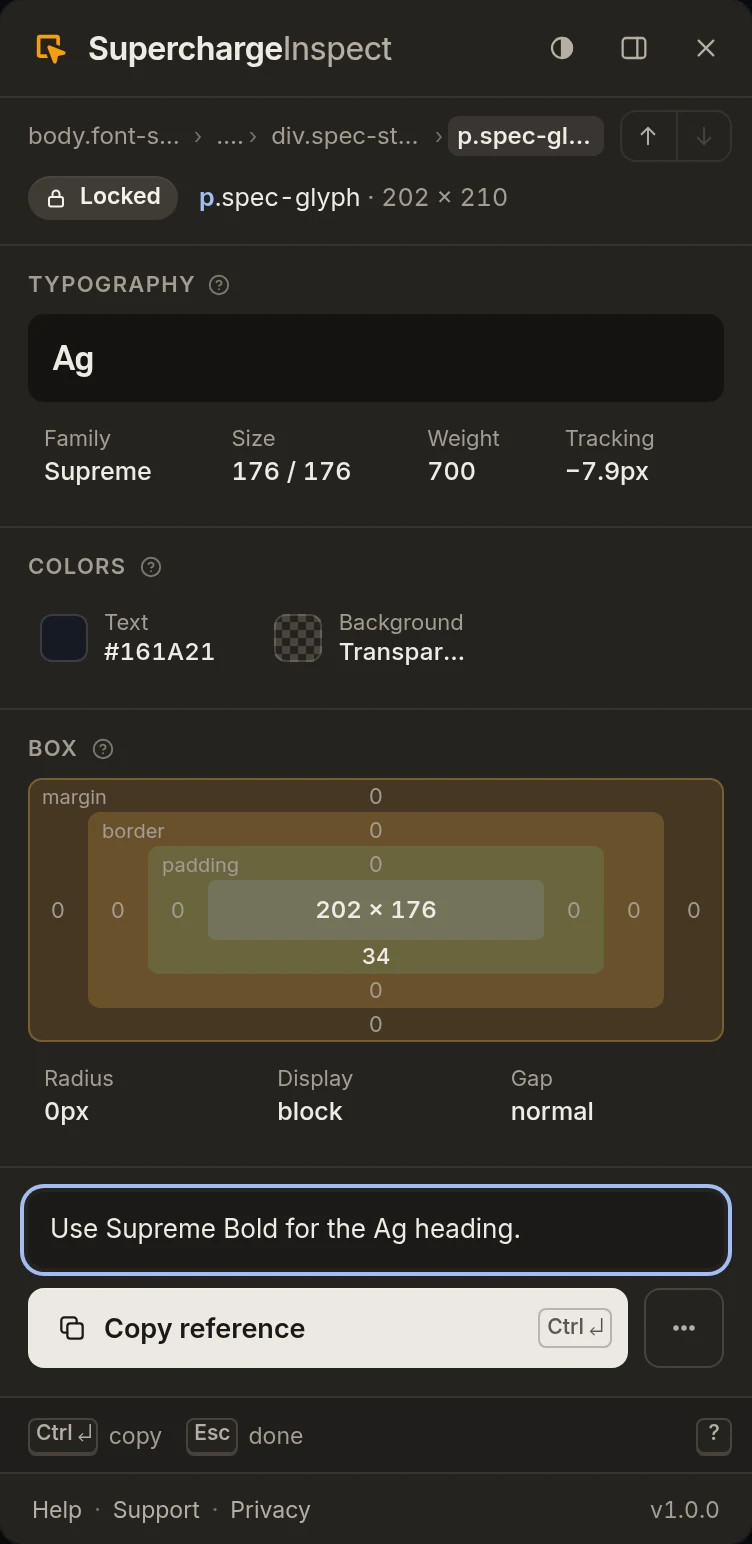 The SuperchargeInspect panel locked on the Ag glyph of the specimen card: Typography, Colors, Box, a note field and Copy reference.