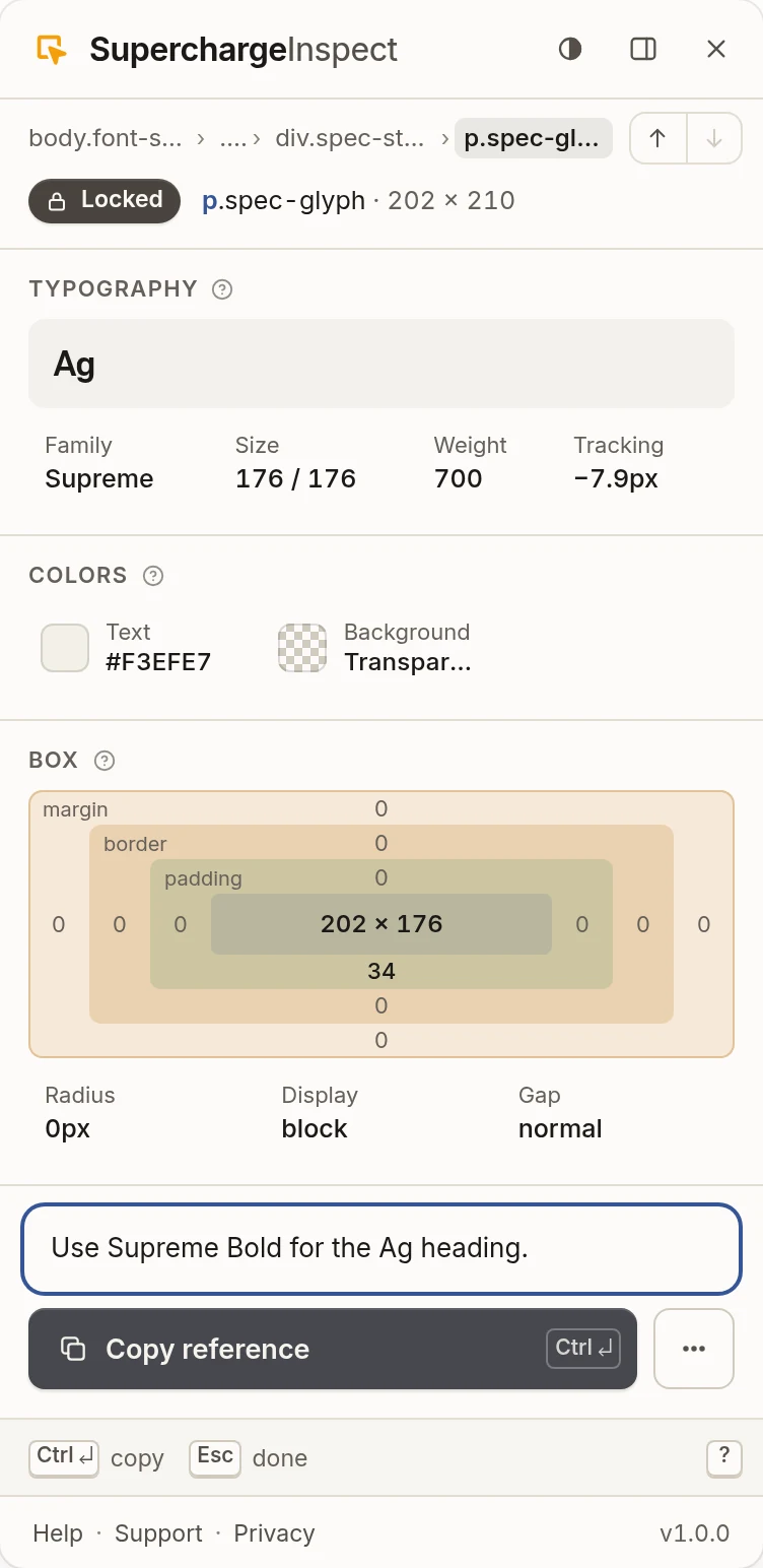 The SuperchargeInspect panel locked on the Ag glyph of the specimen card: Typography, Colors, Box, a note field and Copy reference.