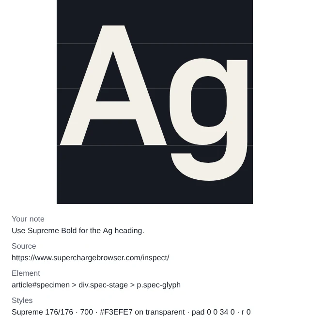 Reference image from Copy reference: the Ag glyph cropped and outlined, with the note Use Supreme Bold for the Ag heading. the page address and a style line.